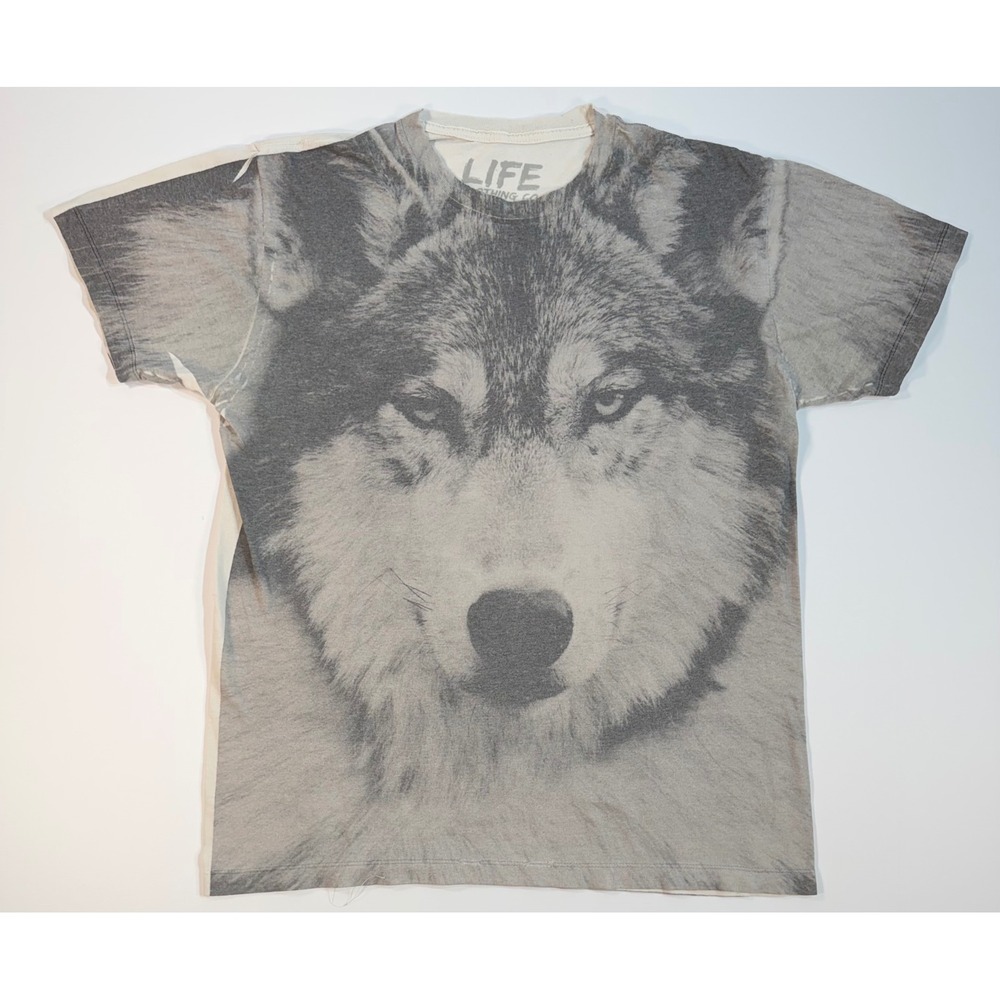 Life Clothing Co Wolf Graphic All Over Print T-Shirt Mens Medium Grey White Tee